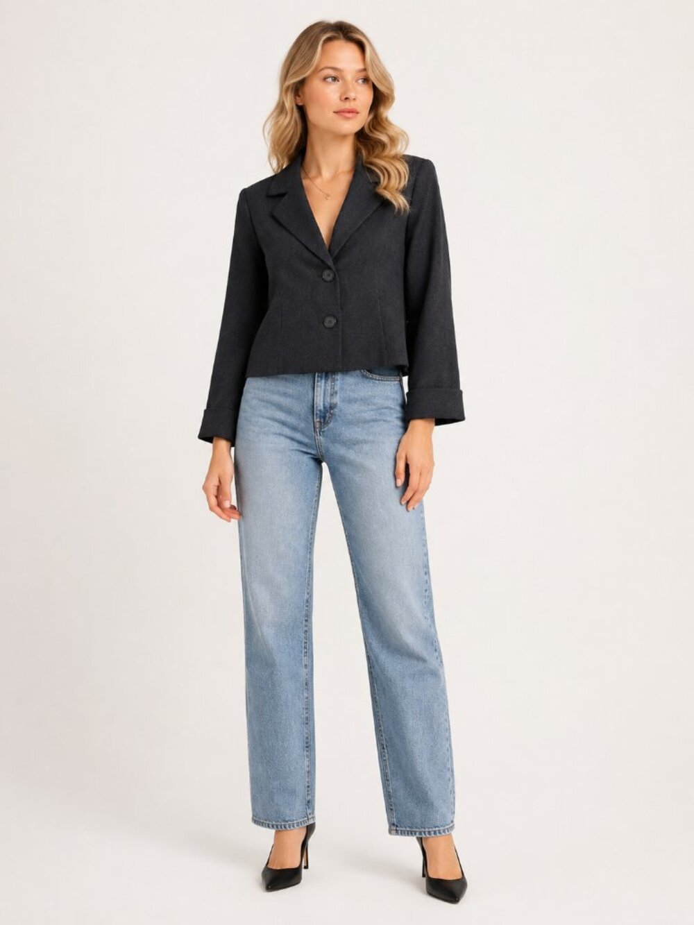 TAHARI Arthur S. Levine Wool Stretch Cropped Blazer Black 4 #A4303
